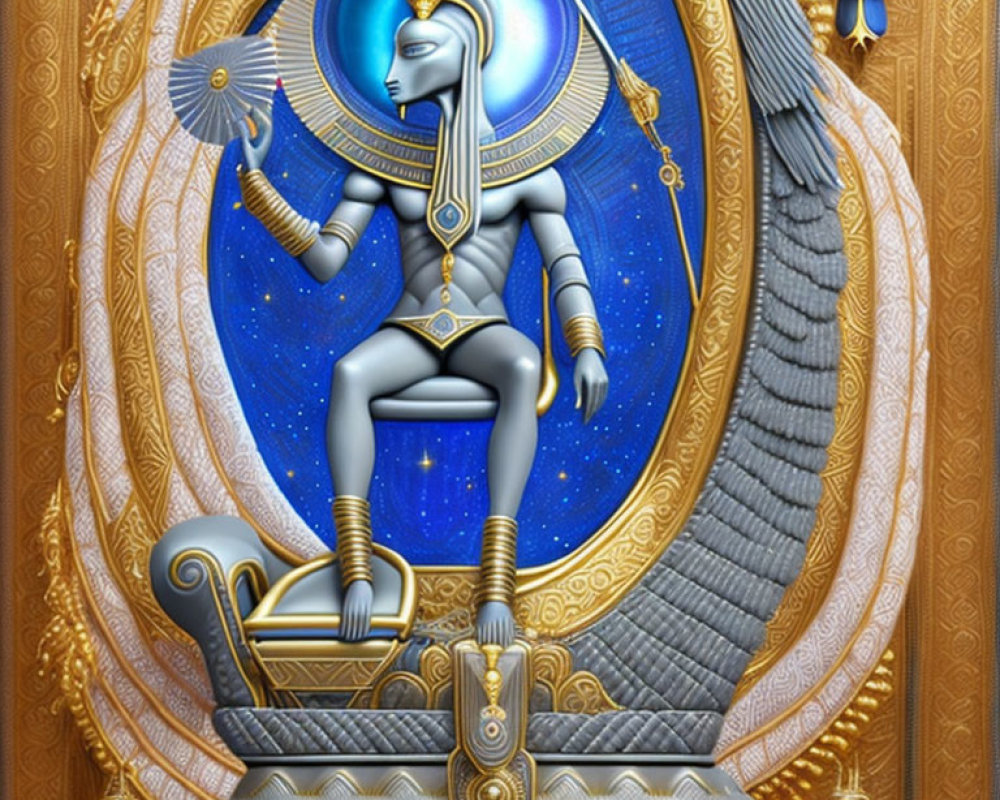 Blue-skinned deity with multiple arms on golden throne