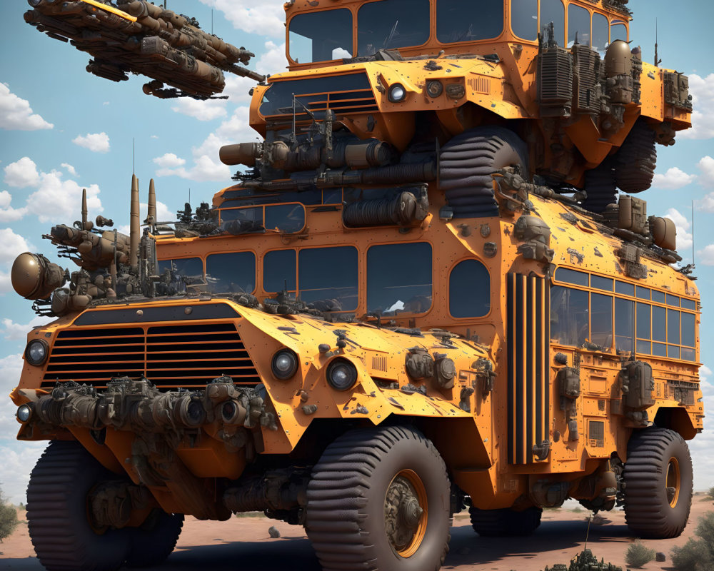 Armored futuristic bus with multiple levels and heavy-duty tires in desert landscape