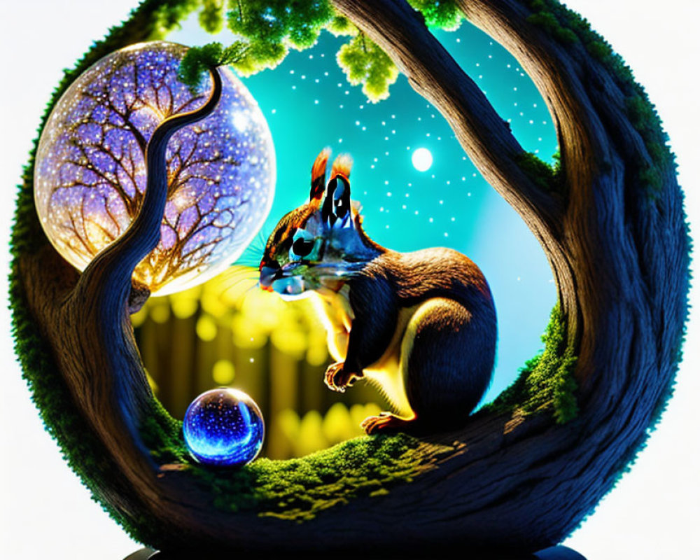 Whimsical digital artwork: Chipmunk on wood frame with glowing tree, orb, and star