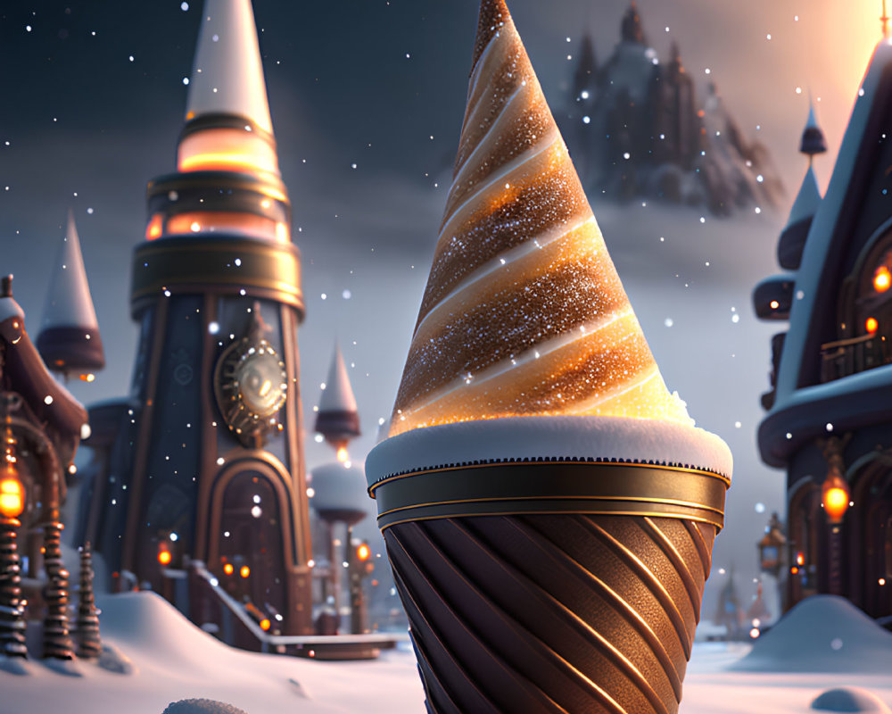 Whimsical winter scene with ice cream cone structure and fantasy buildings.