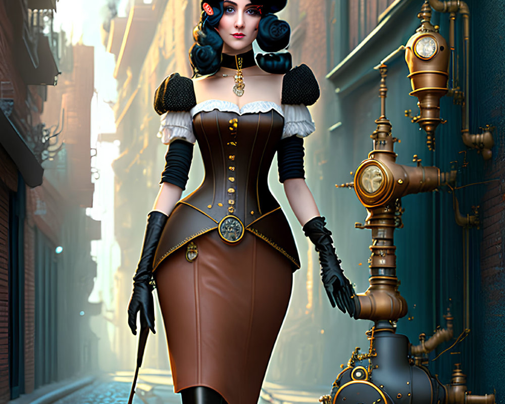 Steampunk woman in corset, gloves, and cane in alley with brass pipes