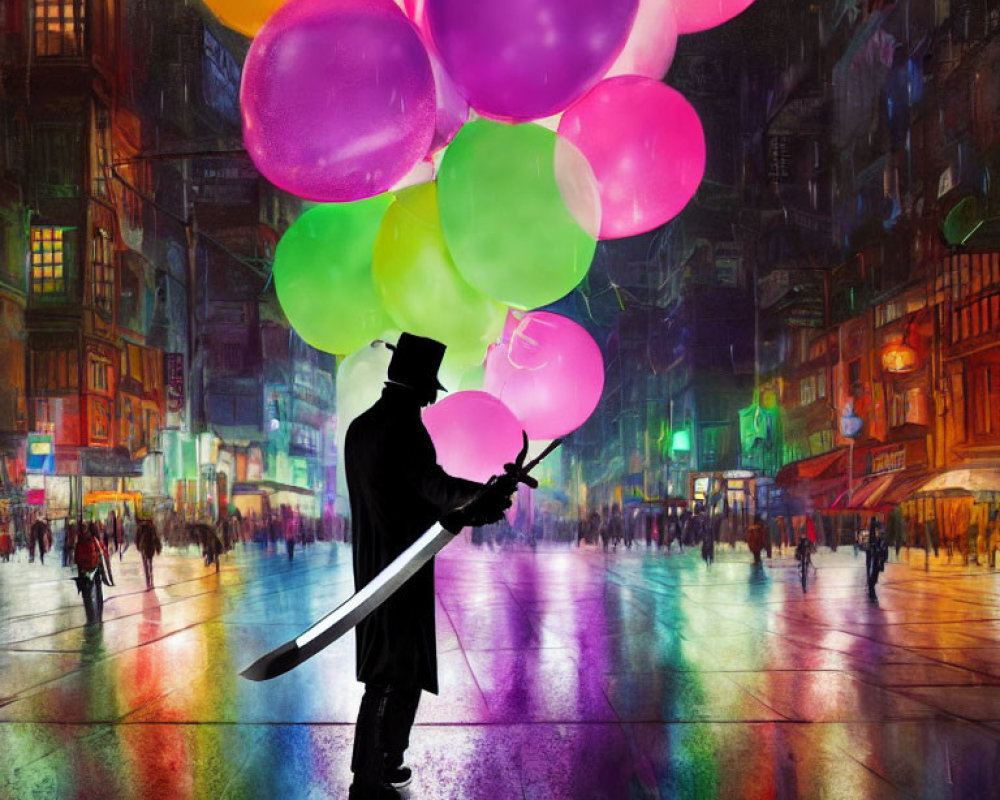 Silhouette of person with sword and balloons in neon cityscape