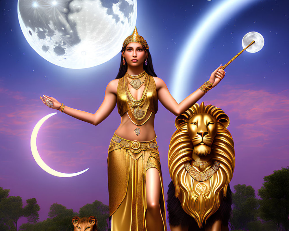 Woman with Lion in Golden Attire and Celestial Background