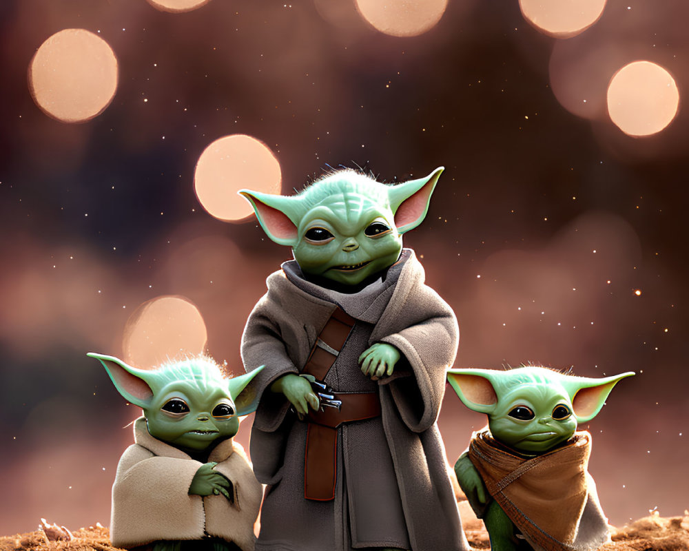 Three Yoda-like figures with large ears and wise expressions among glowing orbs.