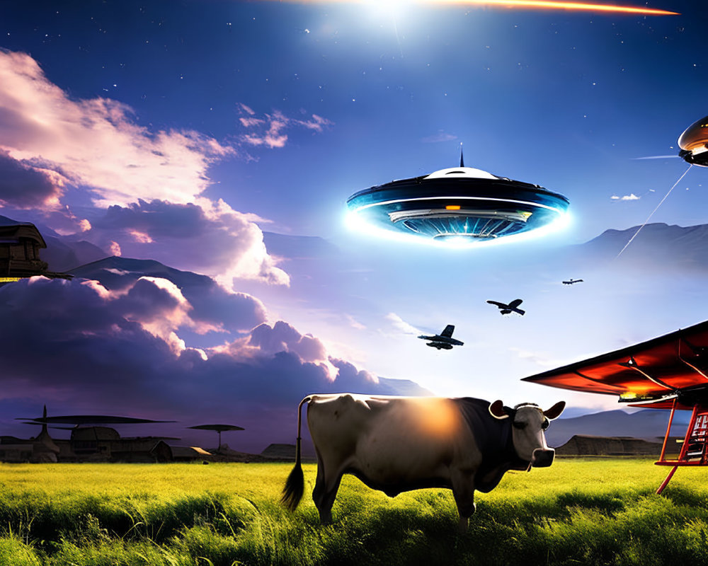 Surreal UFO hovering over cow in grassy field with shooting star, birds, sun, and