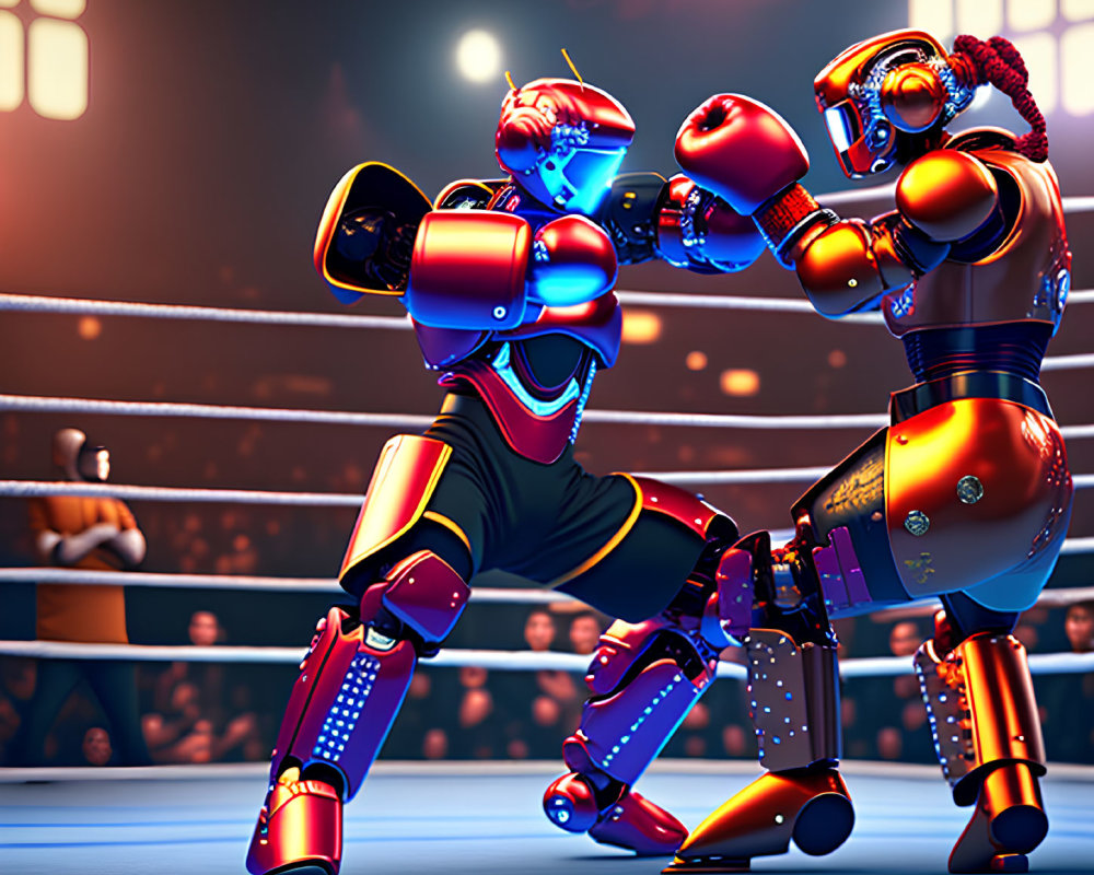 Robots boxing in arena with spectators and dramatic lighting