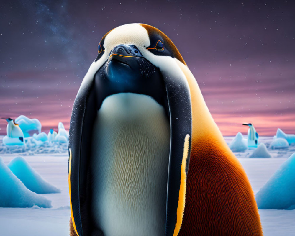 Majestic emperor penguin with orange-yellow neck in Arctic twilight