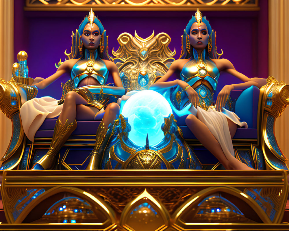 Blue-skinned figures with golden adornments holding a glowing orb on a throne in a majestic room.