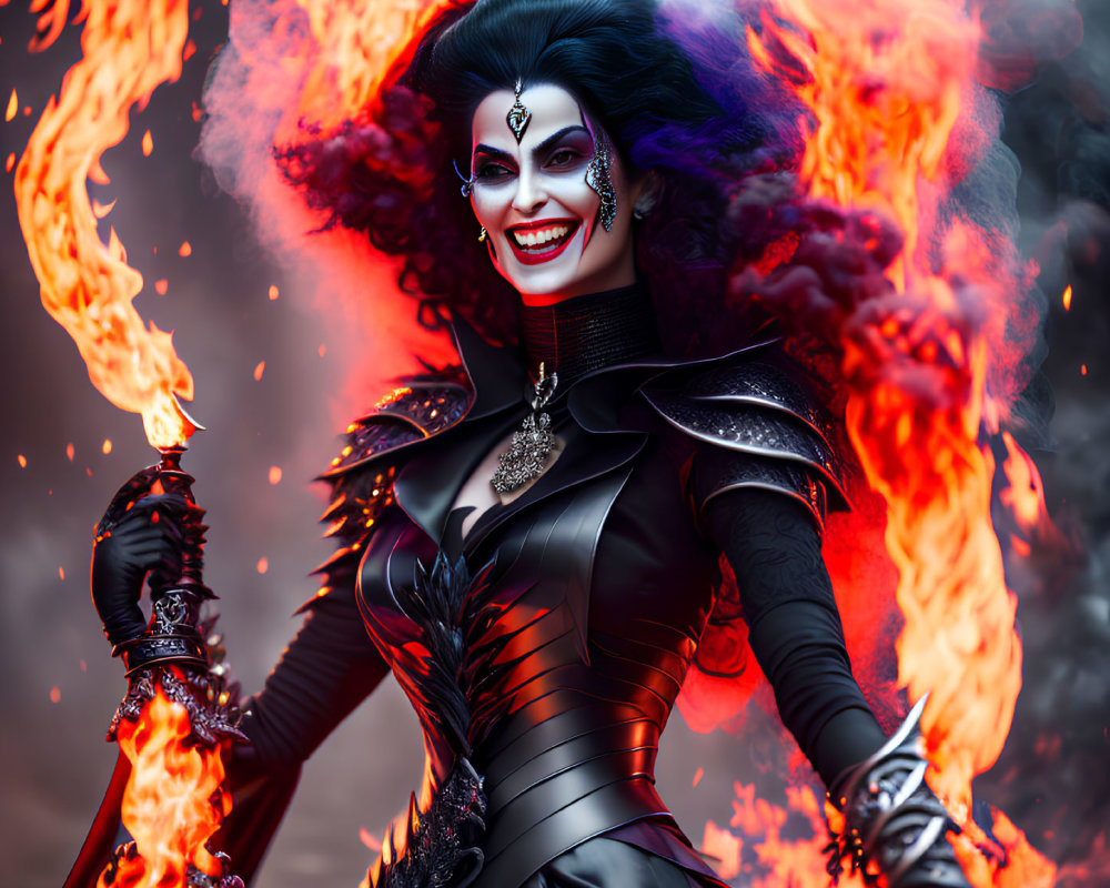 Illustrated female character in dark costume with feathers, surrounded by flames