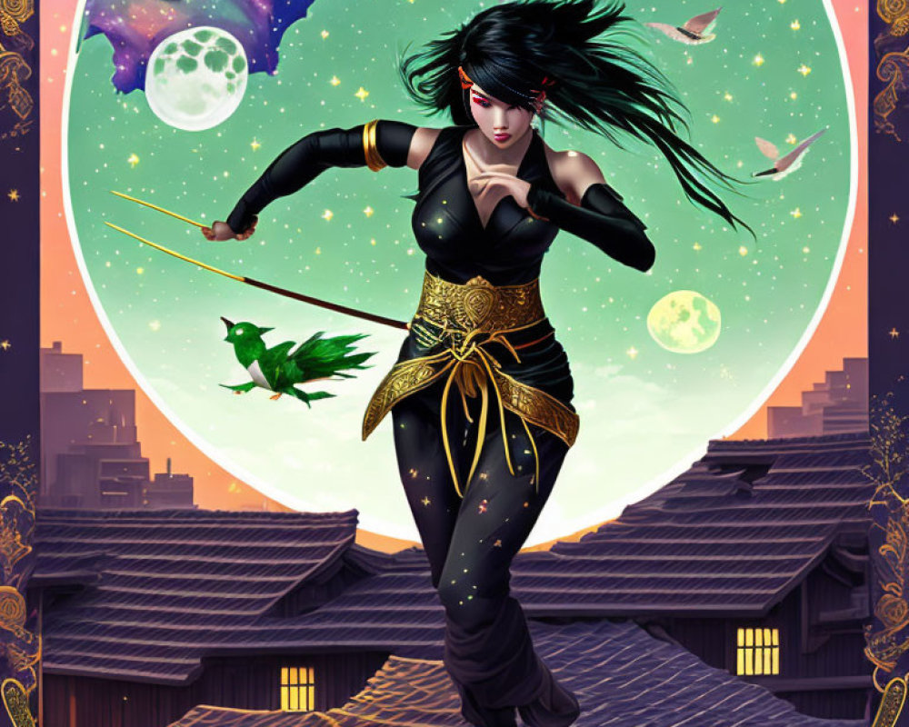 Female warrior in traditional Japanese attire with sword under night sky