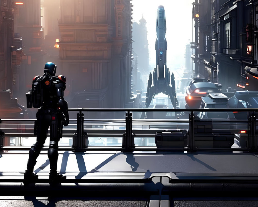 Futuristic armored figure on bridge overlooking bustling cityscape