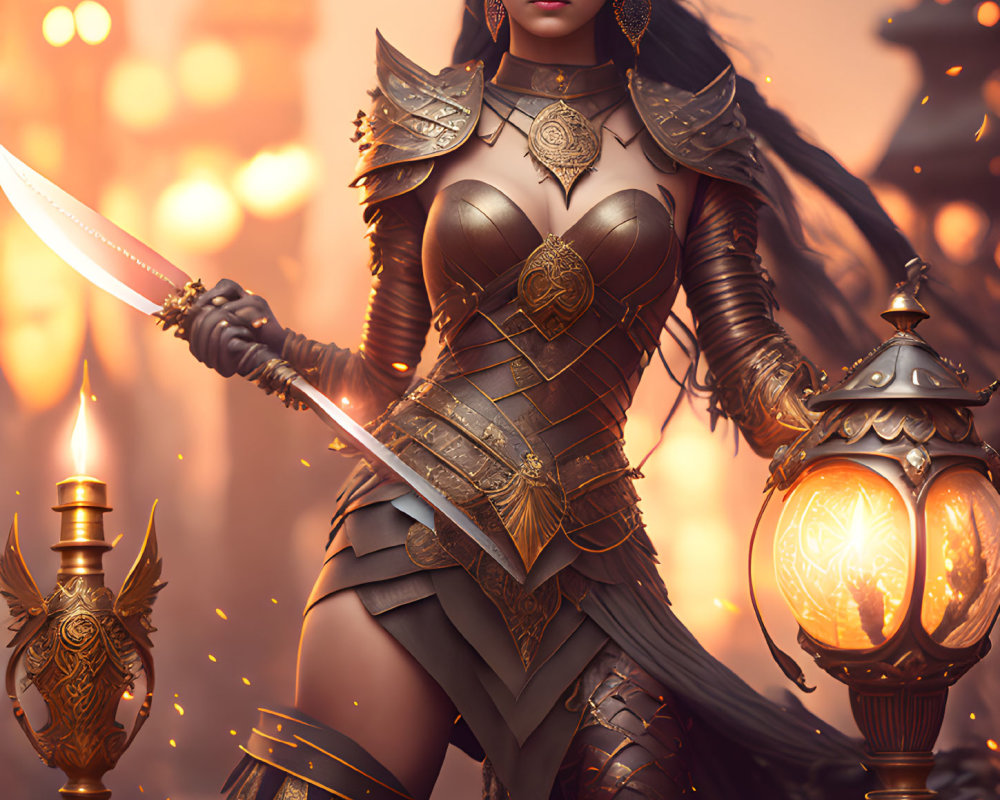 Warrior woman in ornate armor with sword among glowing lanterns