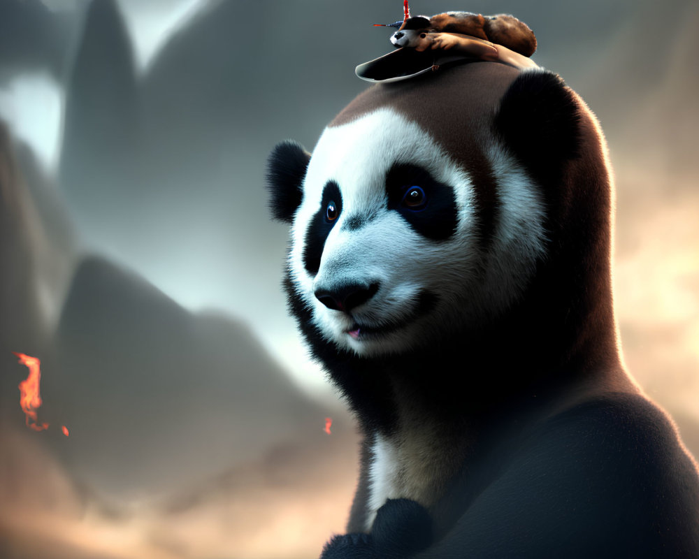 3D rendered panda with small creature on head in misty mountain scene