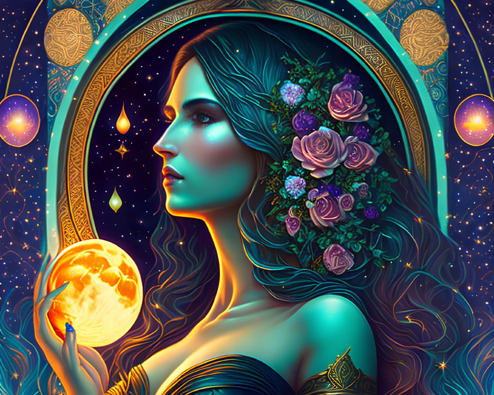 Mystical woman with moon, flowers, and stars on dark blue background