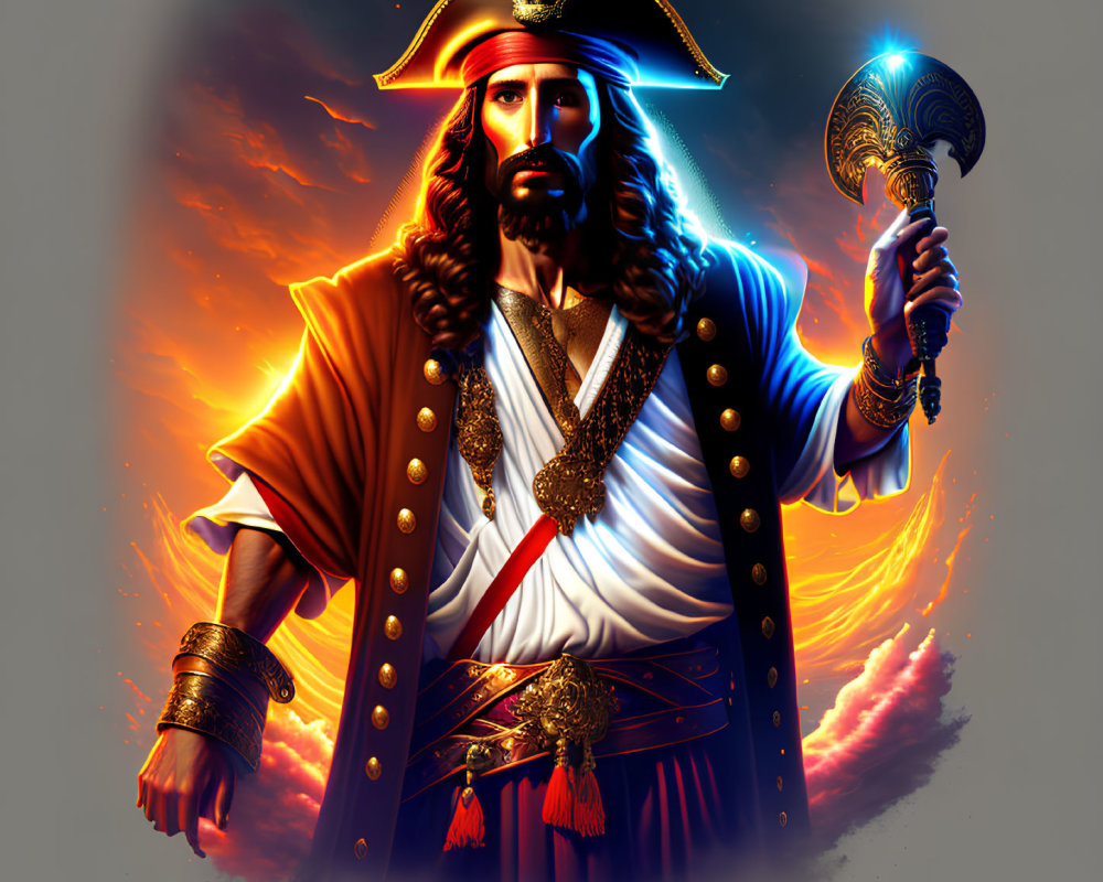 Illustrated figure resembling Jesus in pirate captain attire with scepter, fiery backdrop