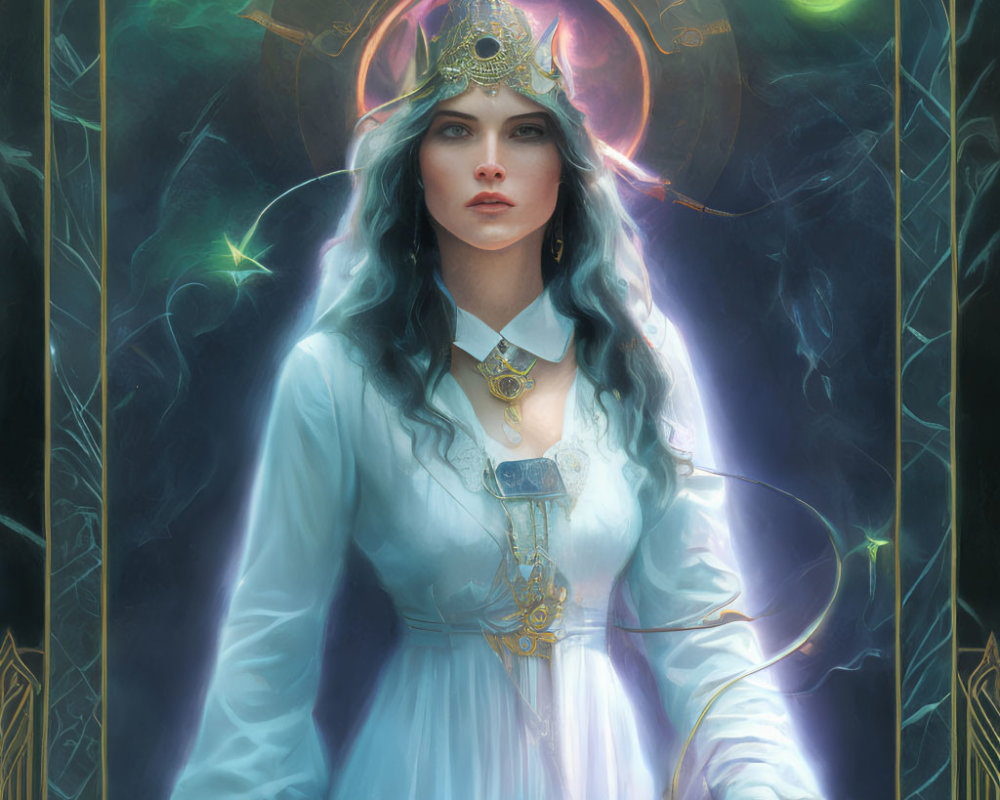 Regal woman with blue hair, crown, sword, and mystical orbs portrait.