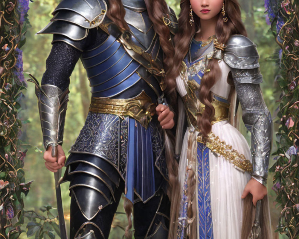 Medieval man and woman in ornate armor among lush greenery