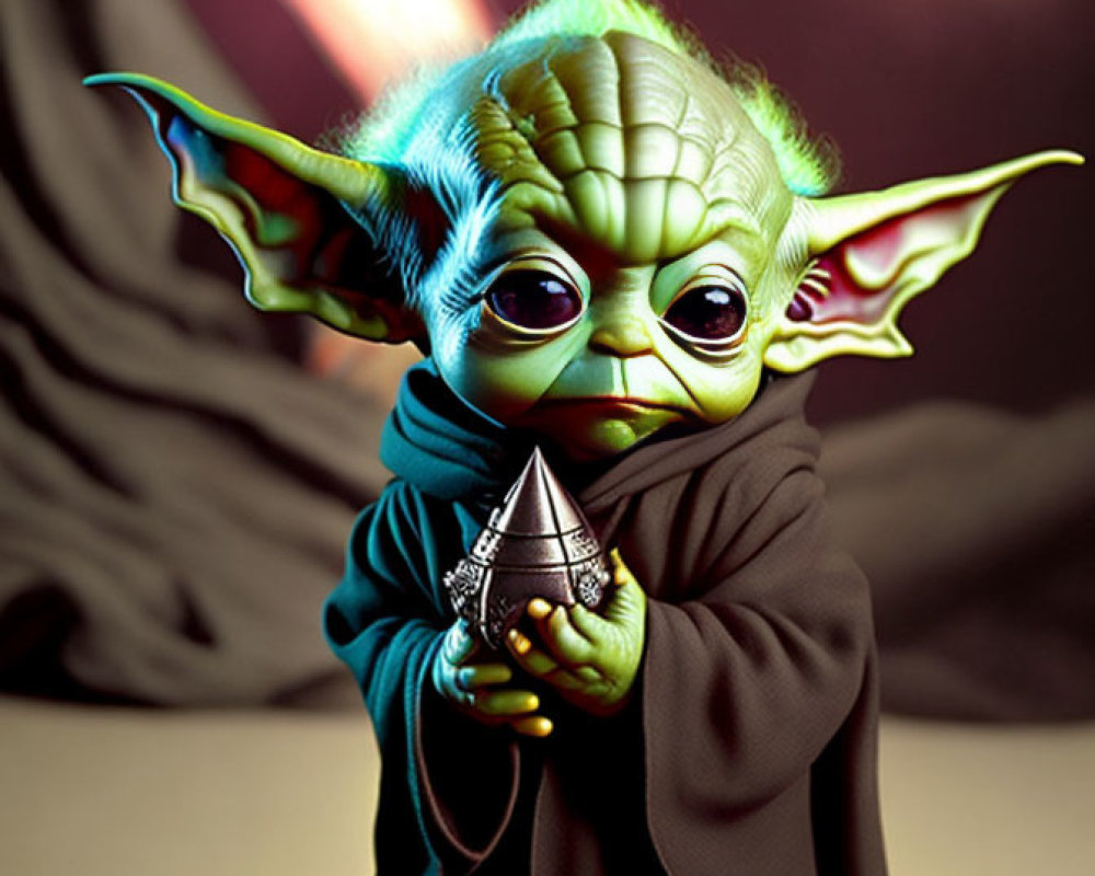 Young Yoda-like character with large eyes in dark cloak holding metallic object