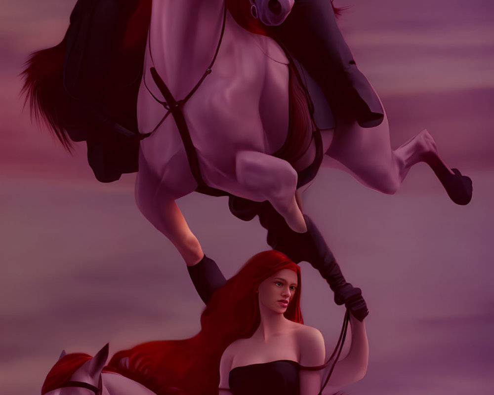 Two women riding galloping horses on dramatic background