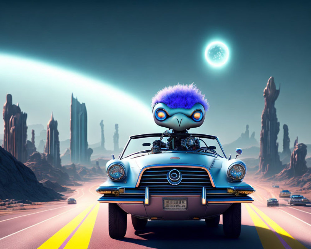 Blue Furry Character Driving Classic Car in Futuristic Desert Highway