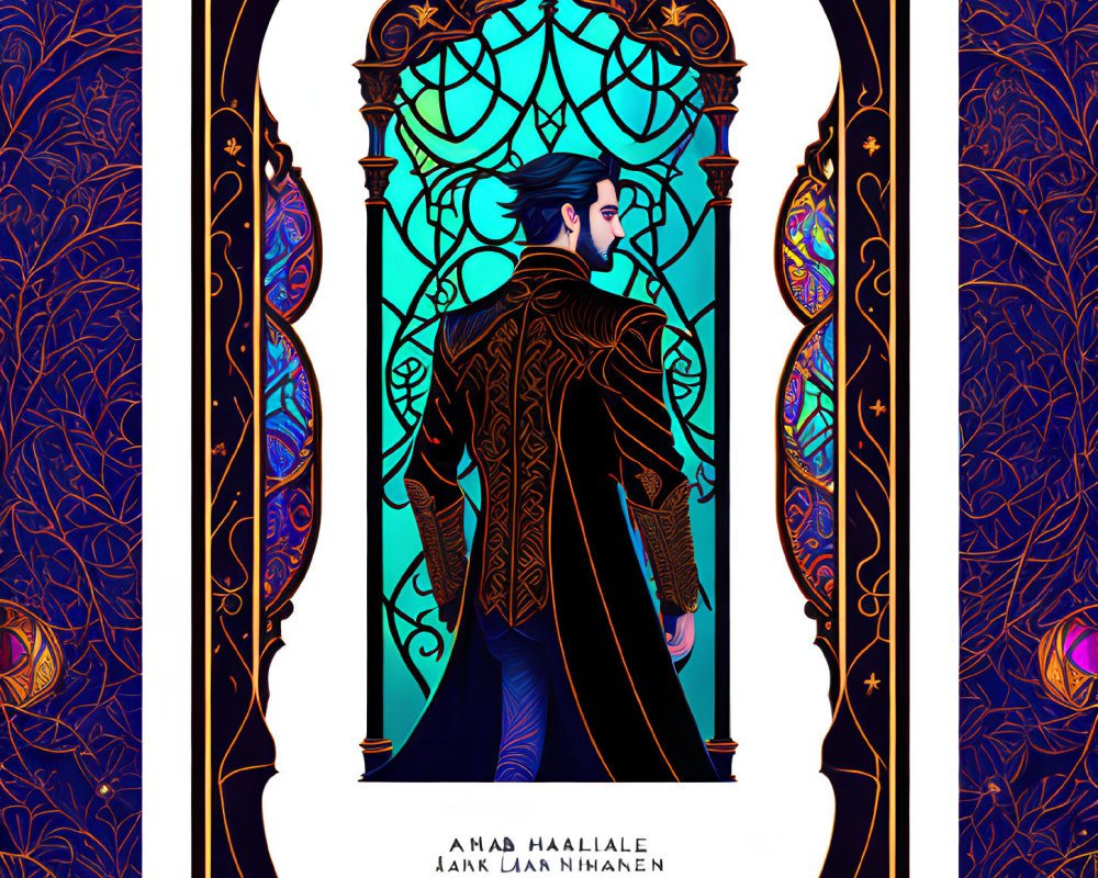 Stylized male figure in cloak before ornate gothic window with blue and gold patterns