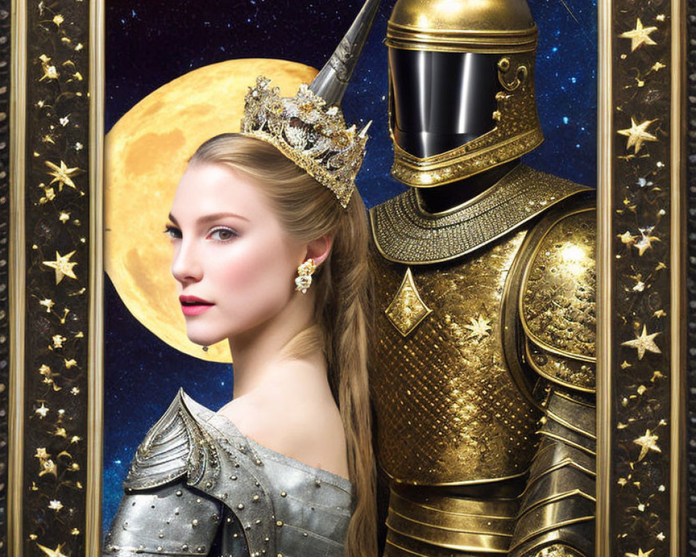 Knight and Queen Portrait in Golden Armor under Celestial Sky