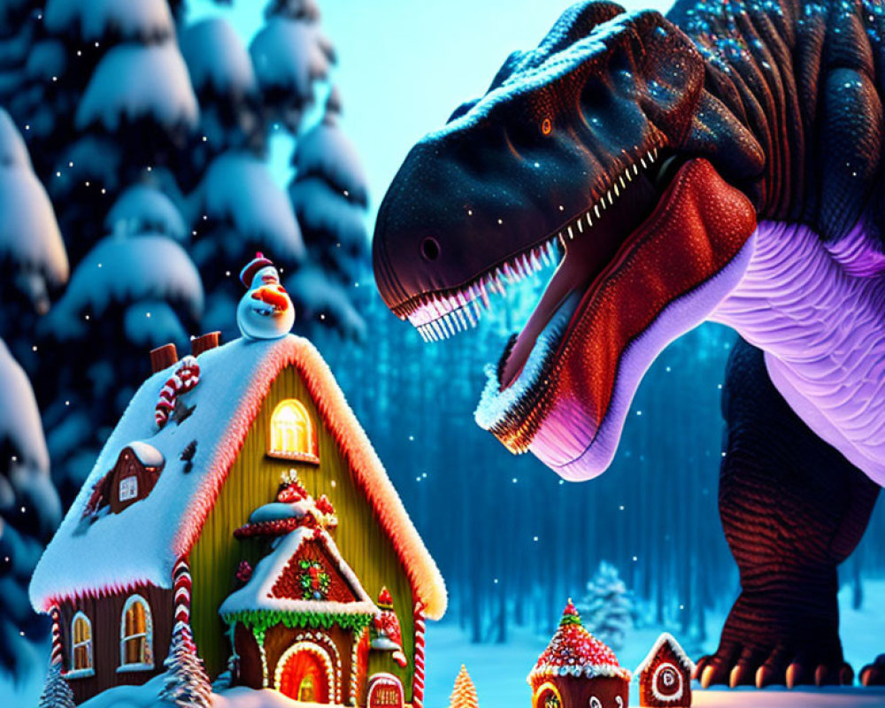 Dinosaur with Christmas lights gazes at snow-covered gingerbread house