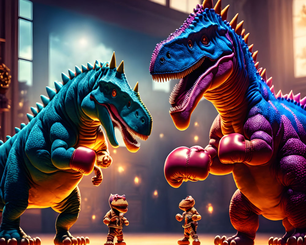 Cartoonish dinosaurs with boxing gloves in dramatic pose in ornate room