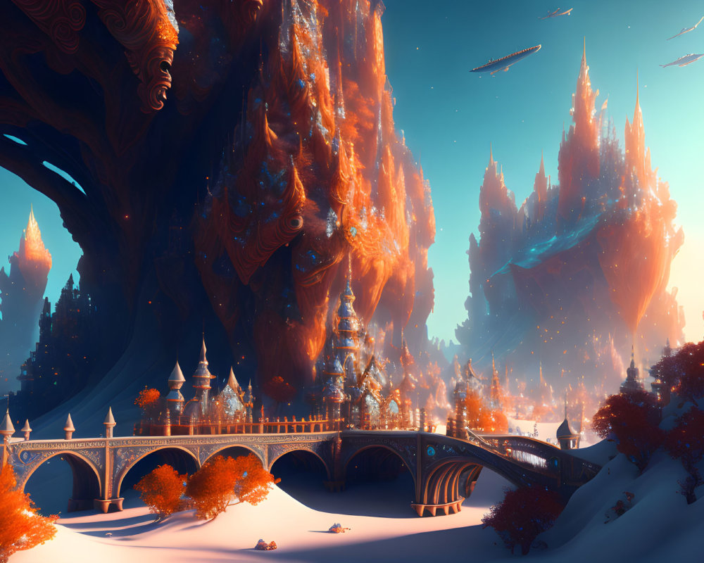 Majestic orange-hued trees in fantasy landscape with stone bridge and floating ships