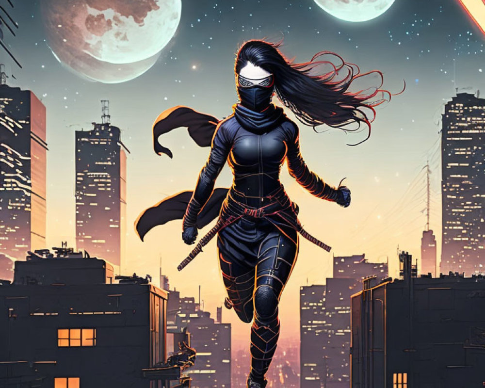 Masked female superhero with flowing hair runs on buildings in a dusk cityscape with twin moons and streak