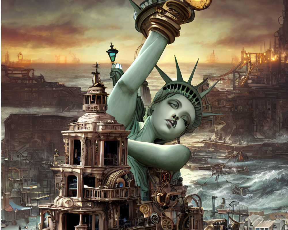 Steampunk Statue of Liberty with Industrial Cityscape and Airships