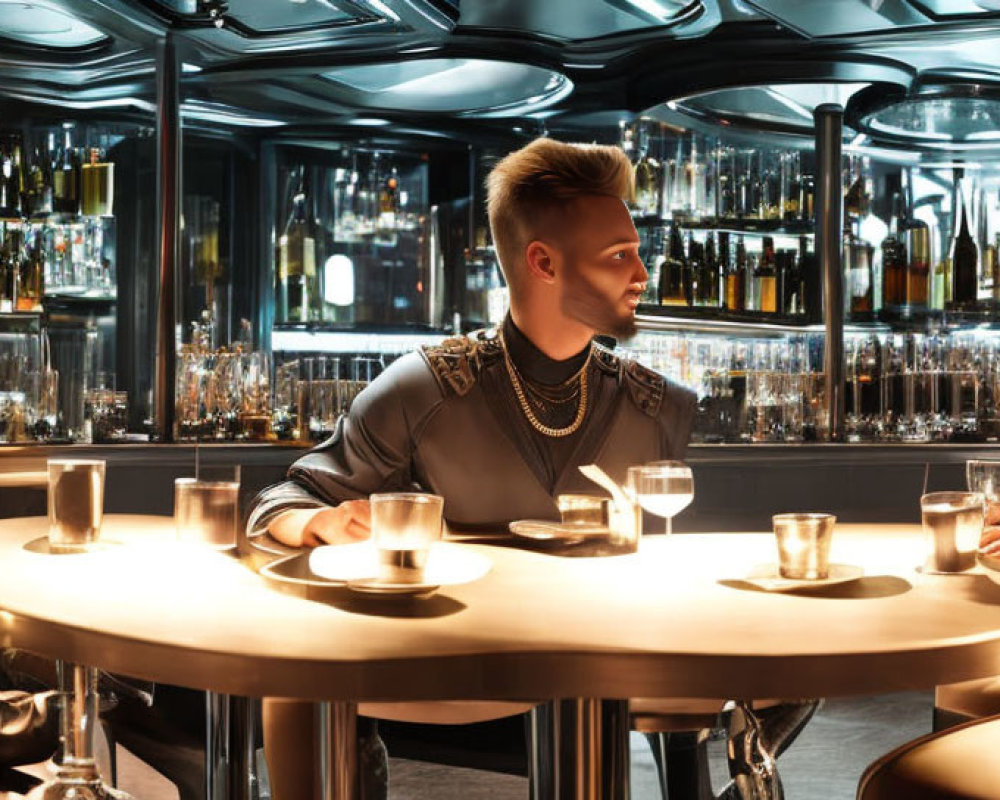 Intimate bar scene with three people at table surrounded by bottles