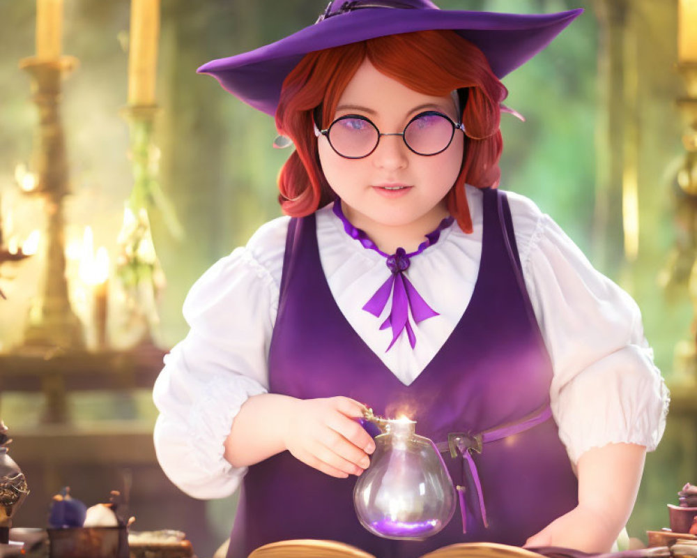 Red-haired witch in glasses with purple hat holding potion in mystical room