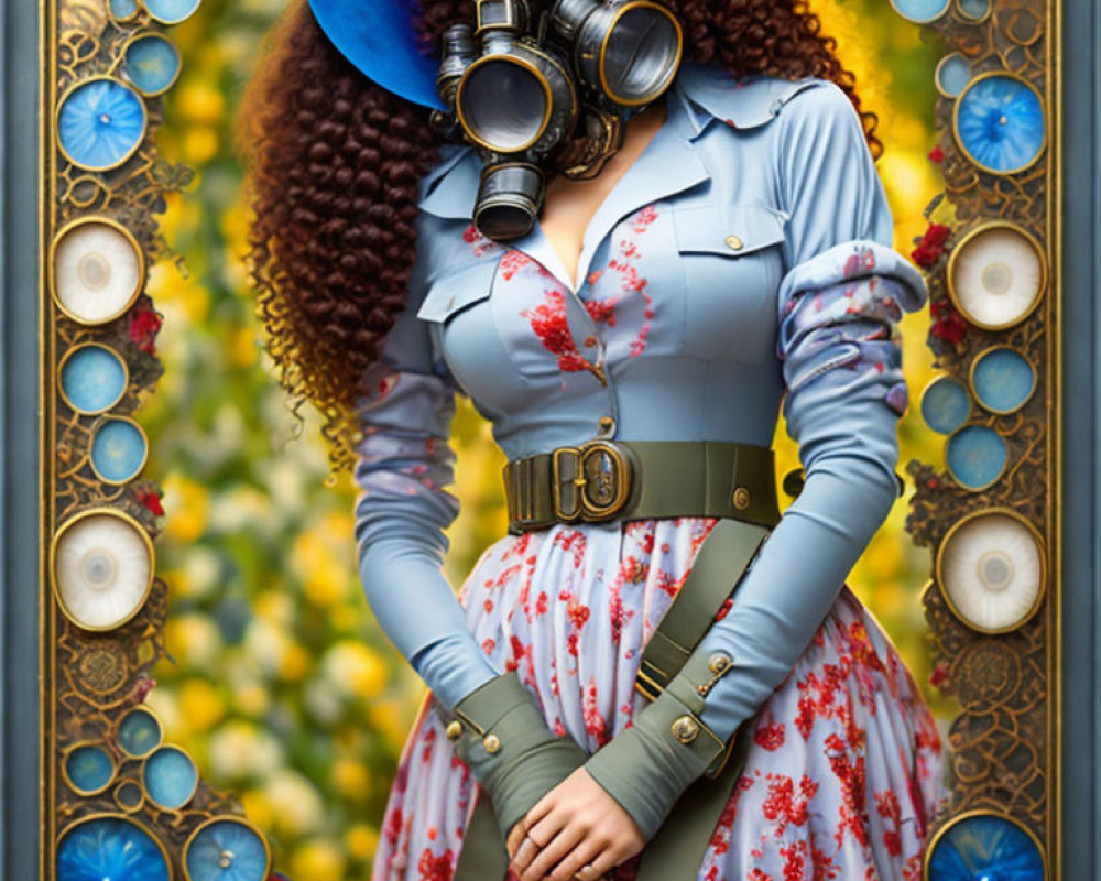 Stylized portrait of a woman with curly hair in steampunk attire