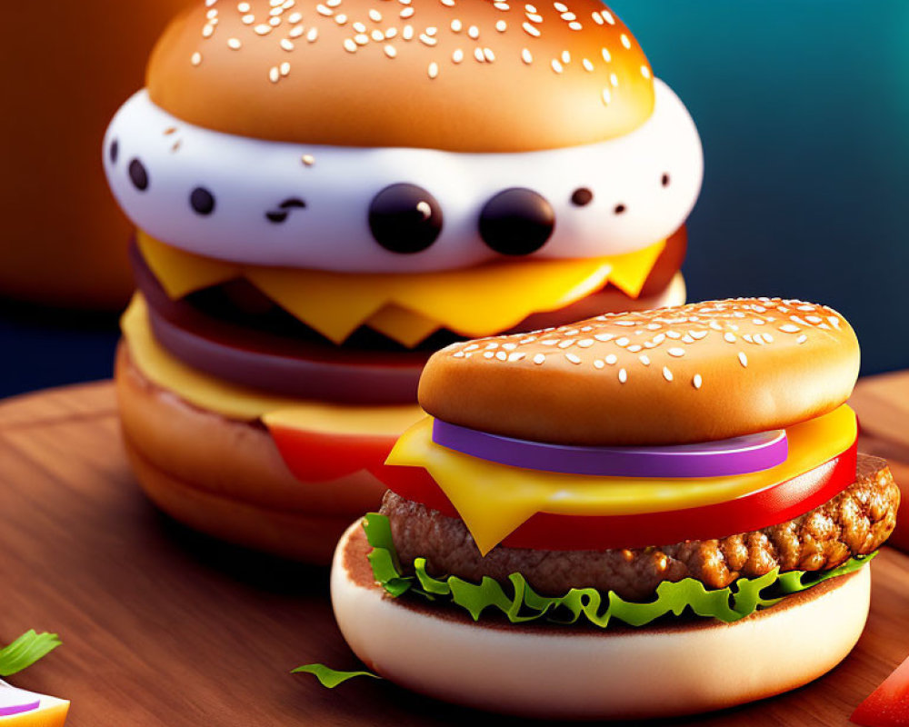 Three Stylized Cartoon Hamburgers With Faces Stacked on Table