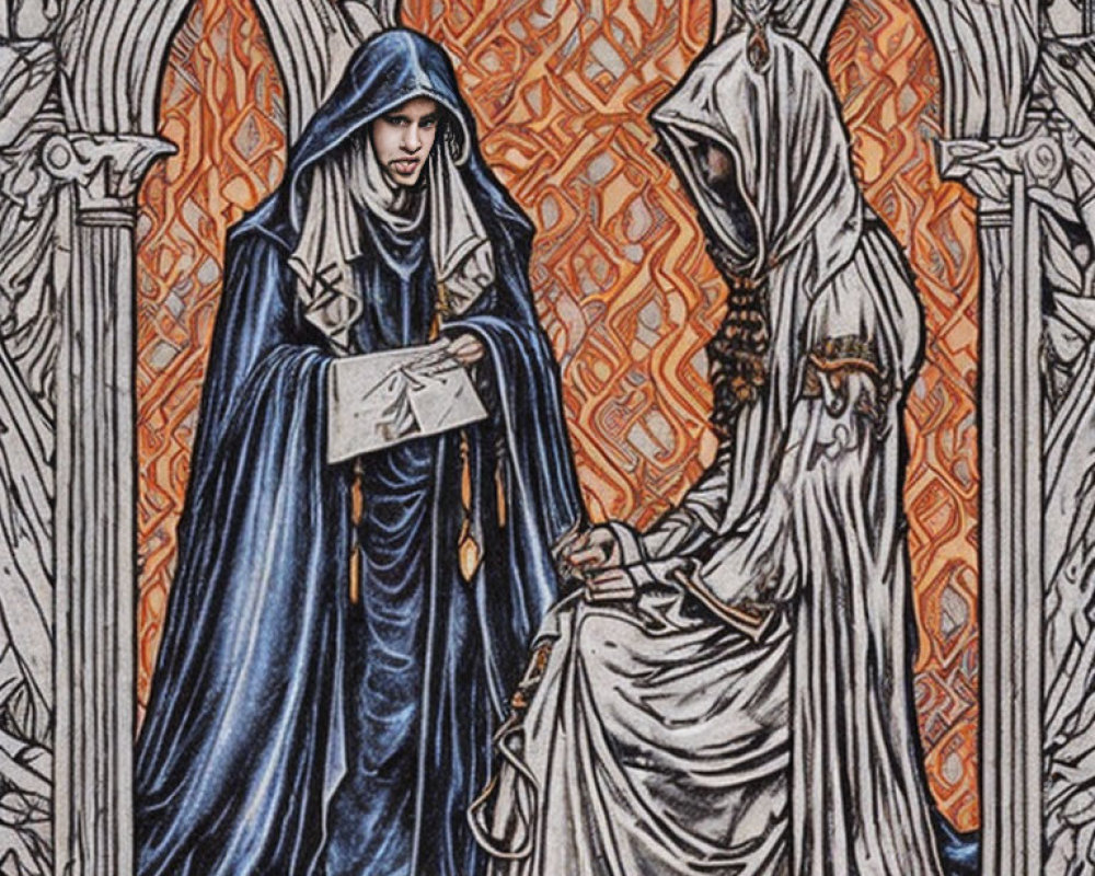 Two robed figures exchanging envelope in gothic archway scene.