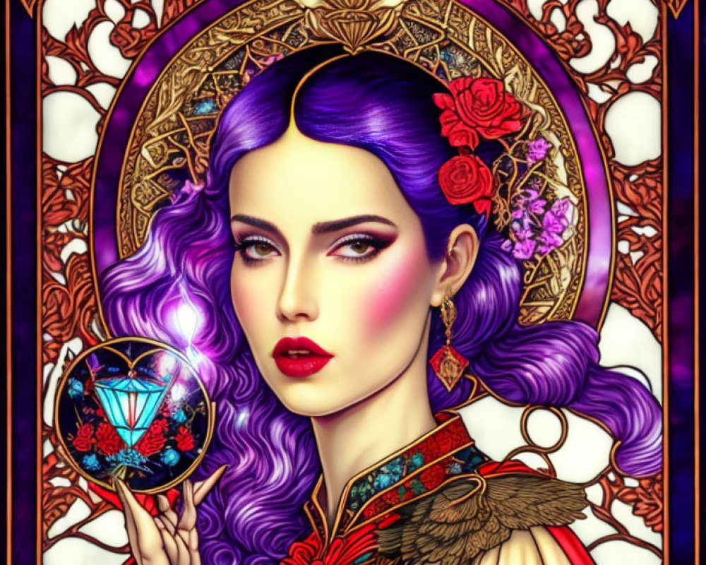 Illustrated woman with purple hair holding crystal orb in stained glass-style background