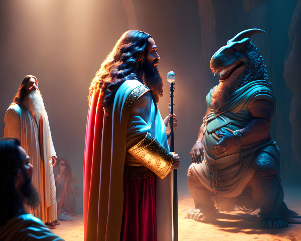 Man in ancient robes speaks to anthropomorphic dinosaur under spotlights