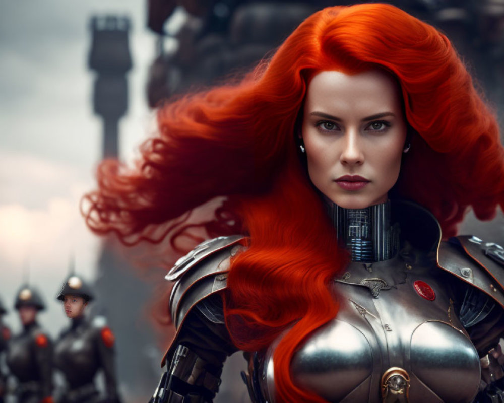 Vibrant red-haired woman in armor with soldiers and dark tower.