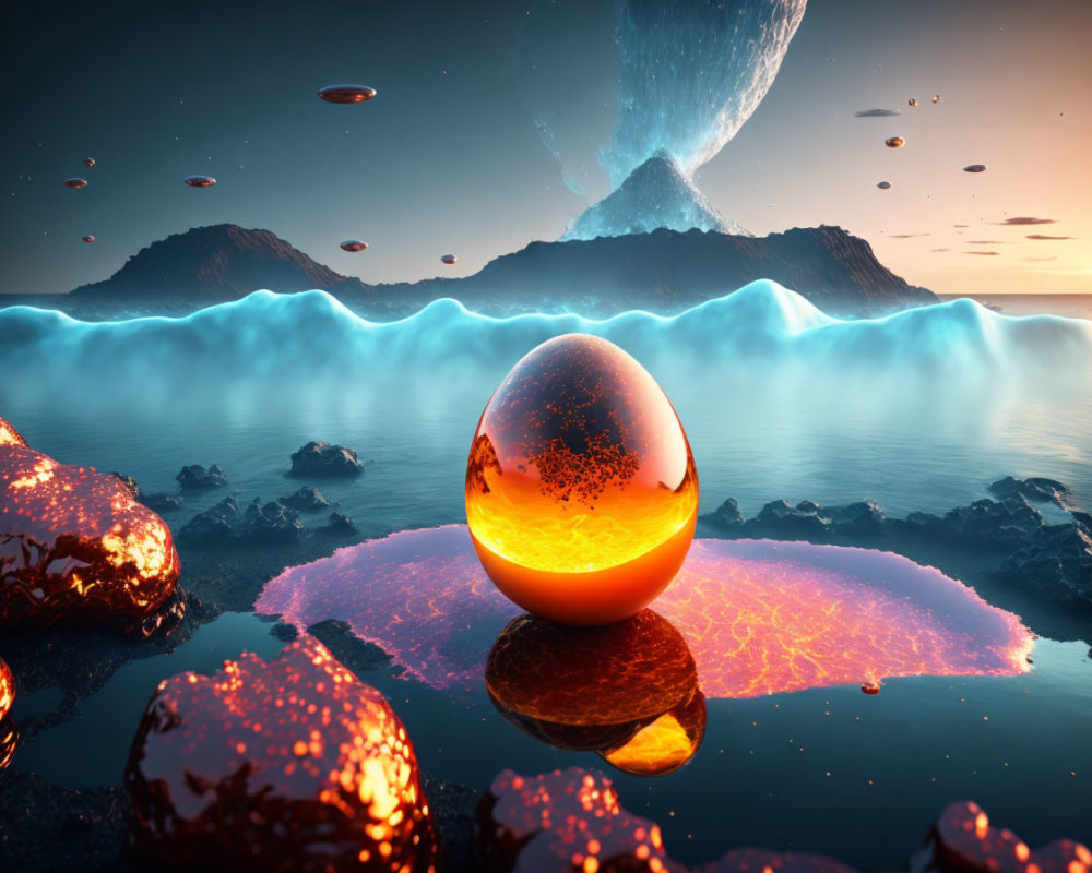 Surreal landscape with glowing orange sphere, luminescent orbs, neon-blue waves, and giant