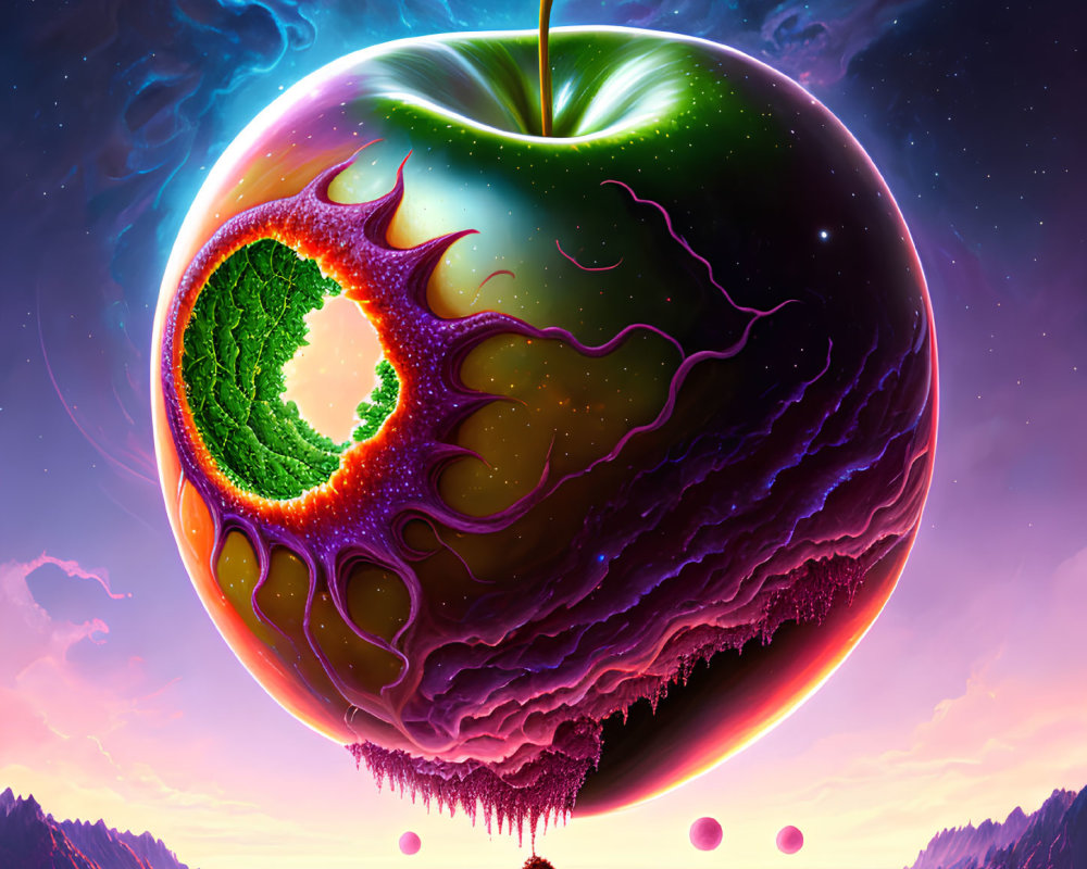 Giant molten core apple hovers over alien landscape