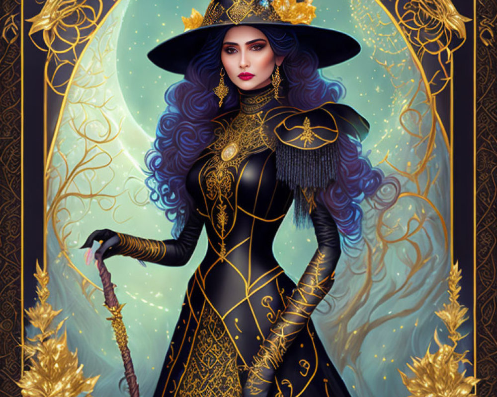 Illustration of Enchantress in Star-Themed Black and Gold Dress