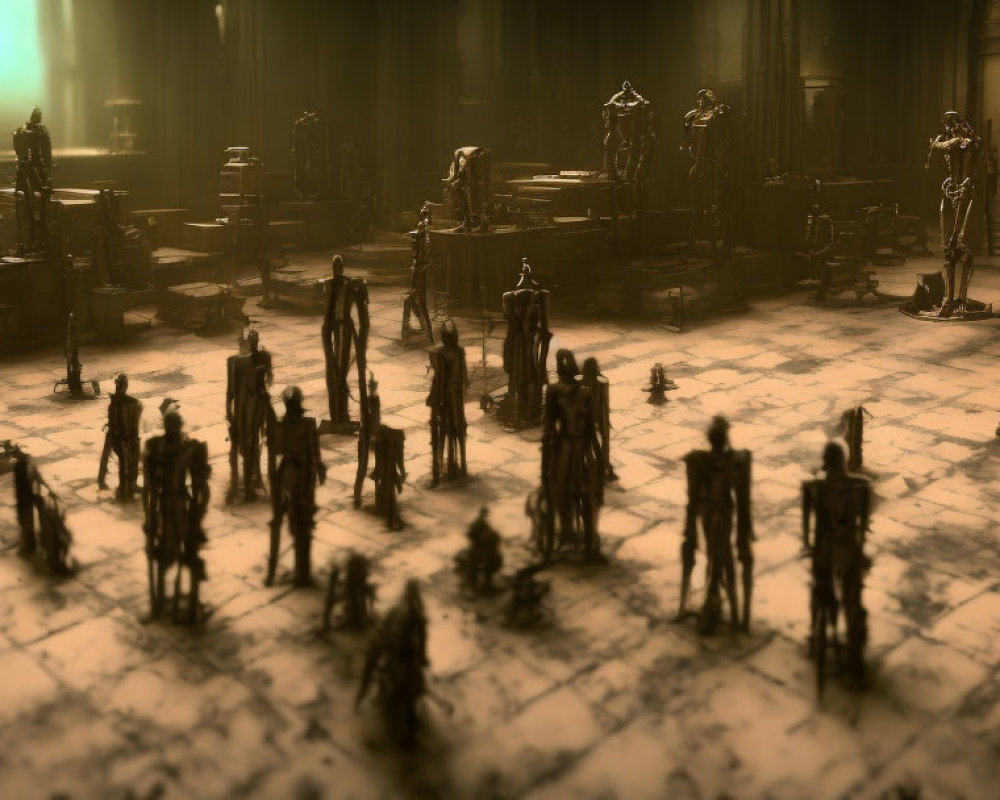 Sepia-toned image of shadowy figures in dimly lit hall