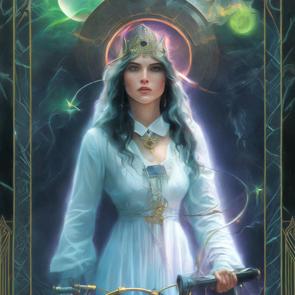 Regal woman with blue hair, crown, sword, and mystical orbs portrait.