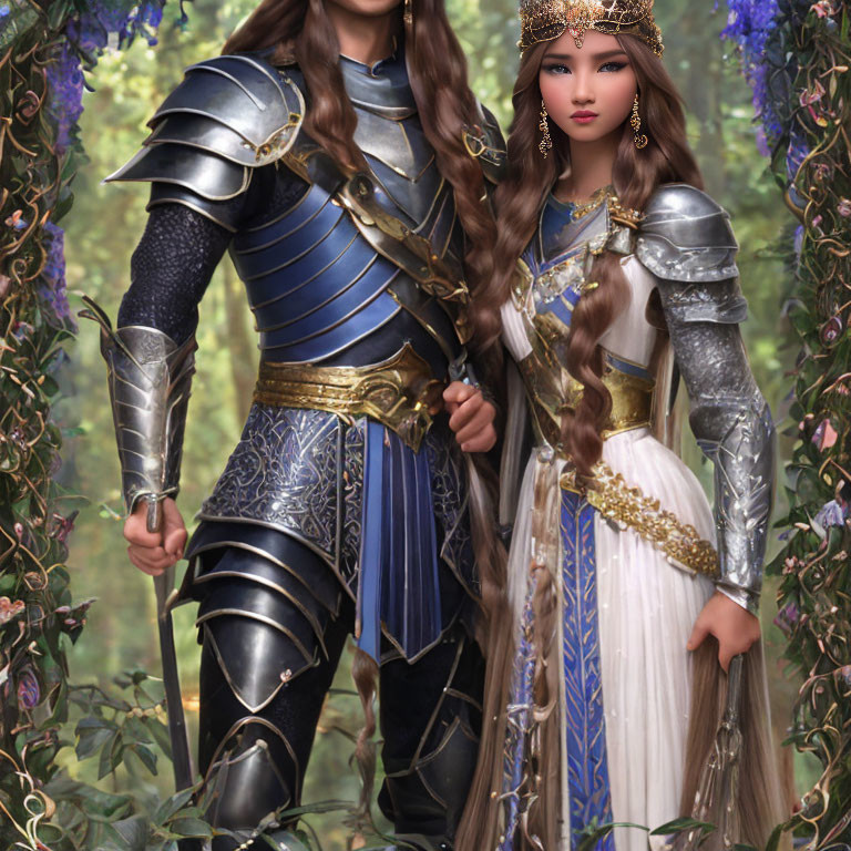 Medieval man and woman in ornate armor among lush greenery