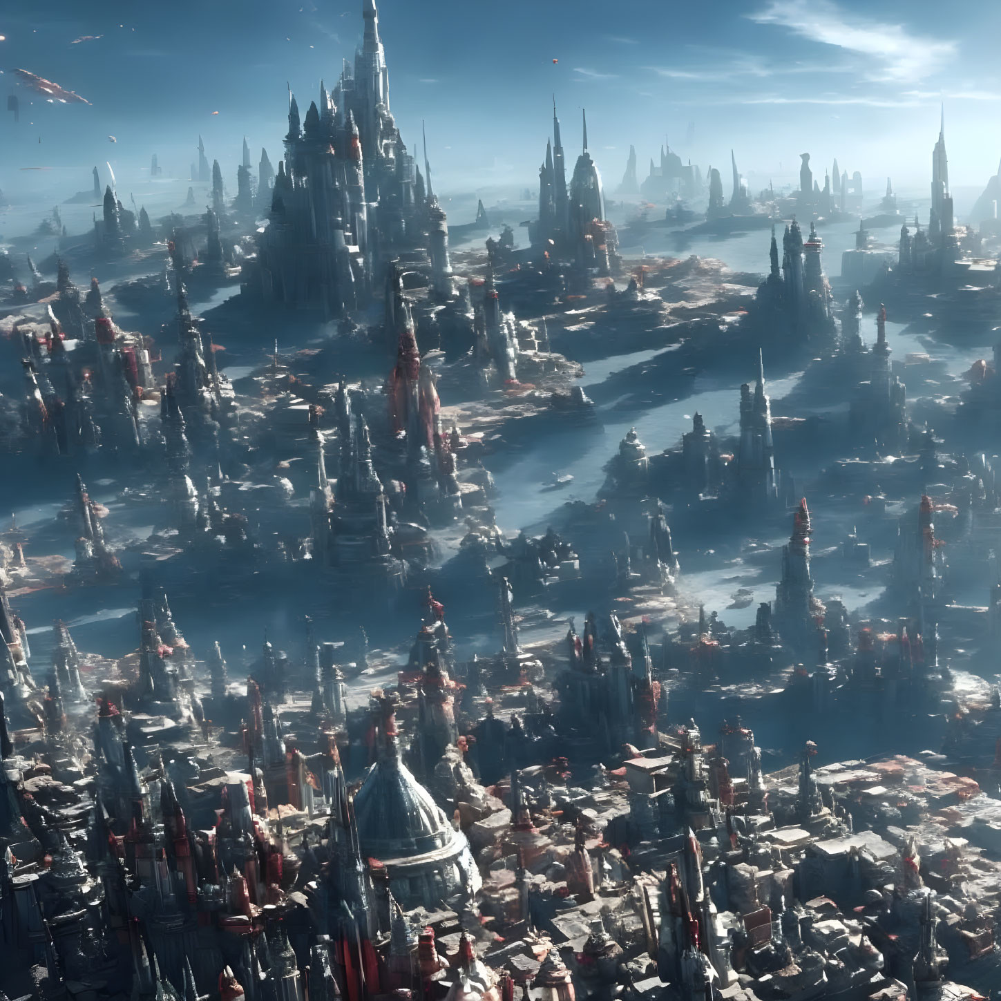 Futuristic cityscape with towering spires and intricate architecture