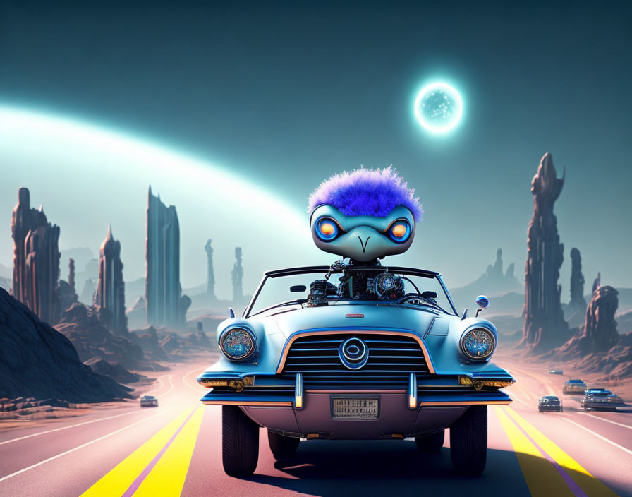 Blue Furry Character Driving Classic Car in Futuristic Desert Highway