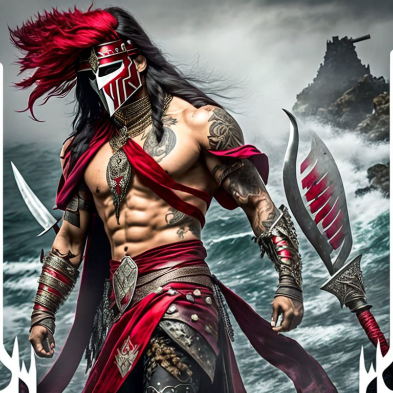 Muscular warrior in red sash and armor wields blades against stormy sea backdrop.