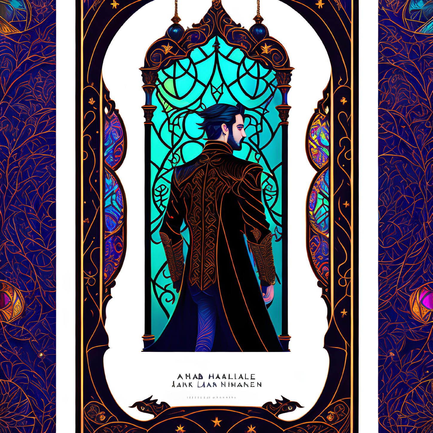 Stylized male figure in cloak before ornate gothic window with blue and gold patterns