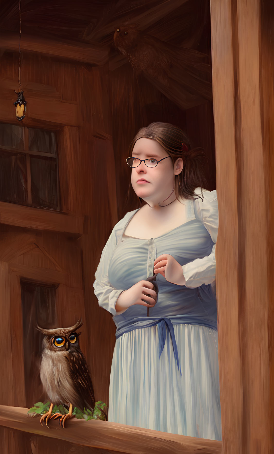 Historically dressed woman with owl in wooden room gazes into distance